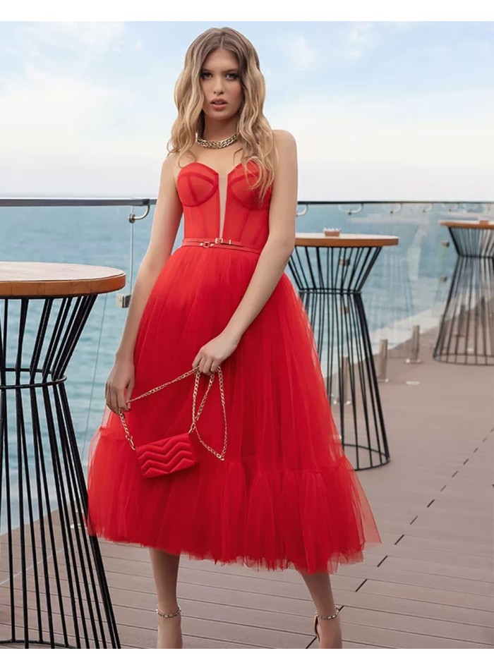 Midi formal dress made in tulle with strapless neckline-2