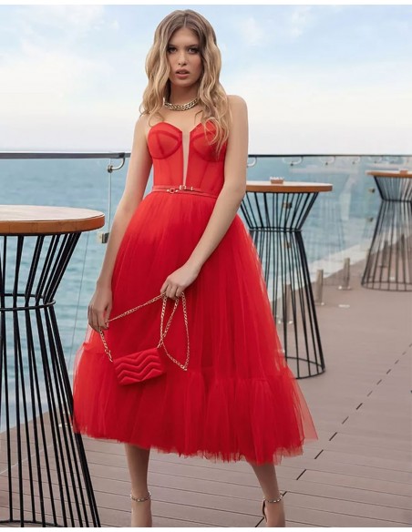 Vestido de fiesta midi realizado en tul con escote palabra de honor-2