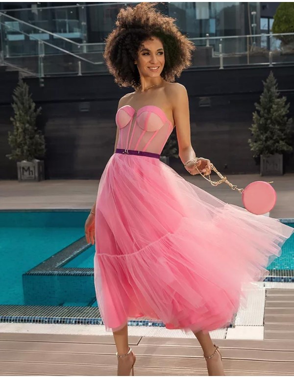 Gum pink midi dress made in tulle with heart neckline Oksana Mukha - 3 2