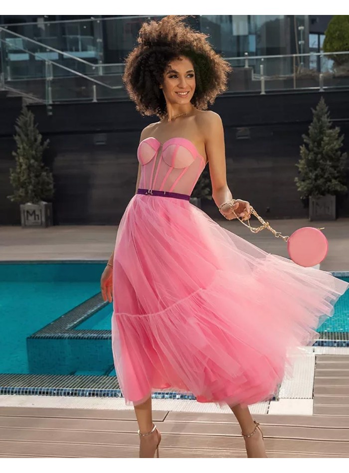 Gum pink midi dress made in tulle with heart neckline Oksana Mukha - 1 