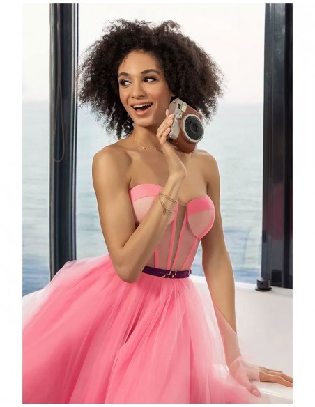 Gum pink midi dress made in tulle with heart neckline Oksana Mukha - 2 