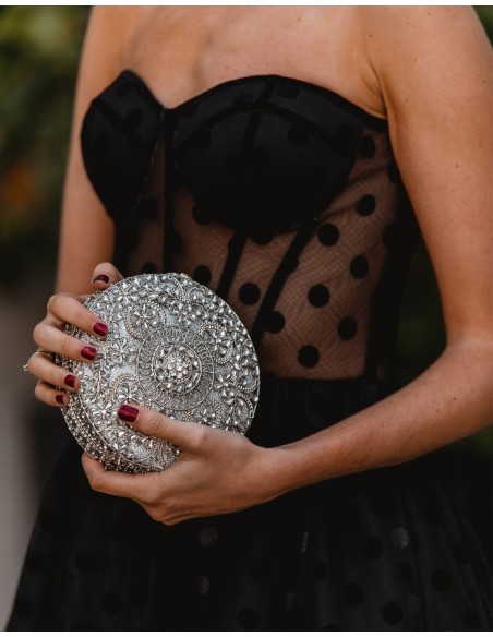 Bolso de mano joya con pequeñas flores de metal y Swarovski circular - INVITADA PERFECTA