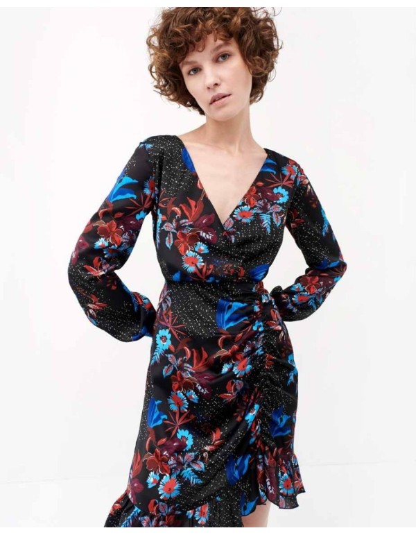 Black cocktail dress with floral print from Cyrana Furs