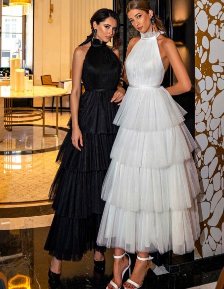 Halter neck midi party dress and skirt with tulle layers in black and white