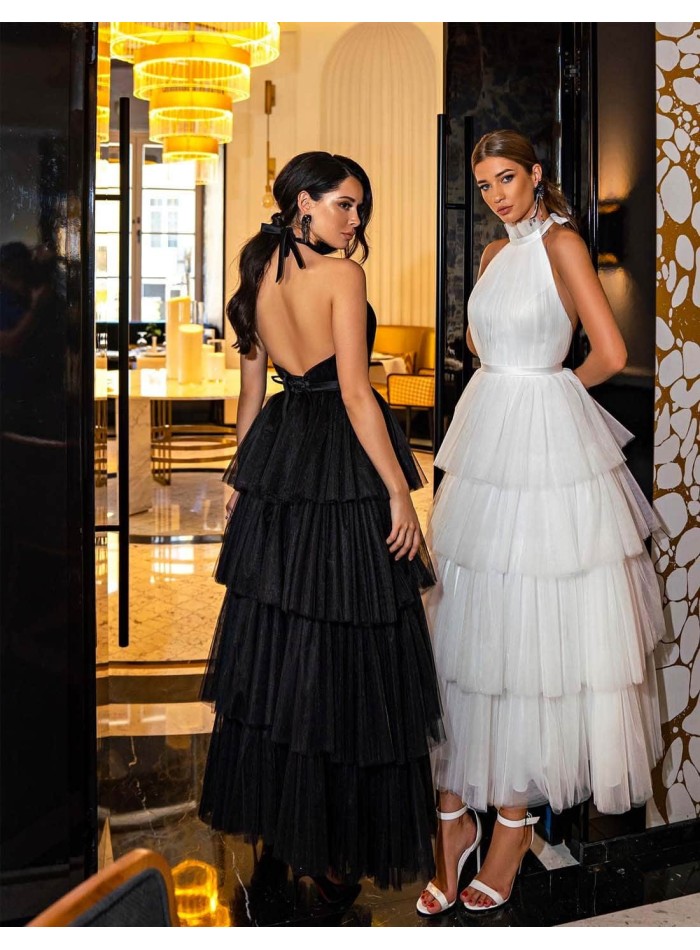 Halter neck midi party dress and skirt with tulle layers for party guests