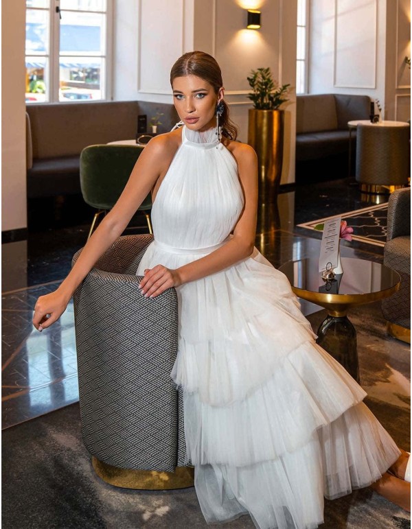 Halter neck midi party dress and skirt with tulle layers at INVITADISIMA