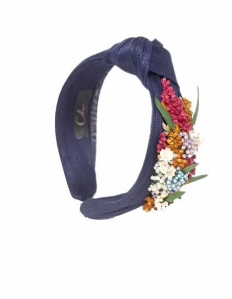 Navy blue headband with floral decoration on the side Cala by Lilian - 1 