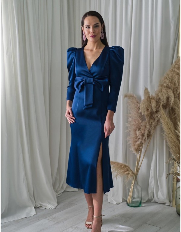 Vestido midi buganvilla satinado con manga abullonada y adorno lazada Victoria Victim - 4