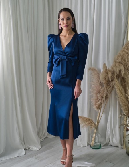 Vestido midi buganvilla satinado con manga abullonada y adorno lazada Victoria Victim - 4