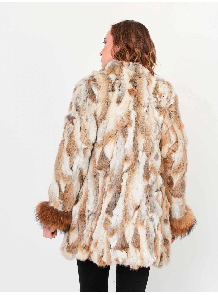 Abrigo pelo de conejo marrón y beige con puños