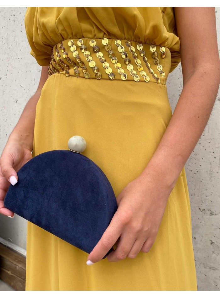 Bolso de fiesta ovalado de ante con cierre efecto marmolado de color azul para invitada