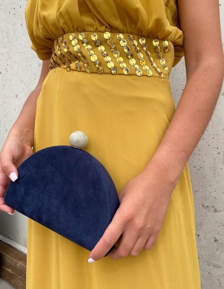 Bolso de fiesta ovalado de ante con cierre efecto marmolado de color azul para invitada