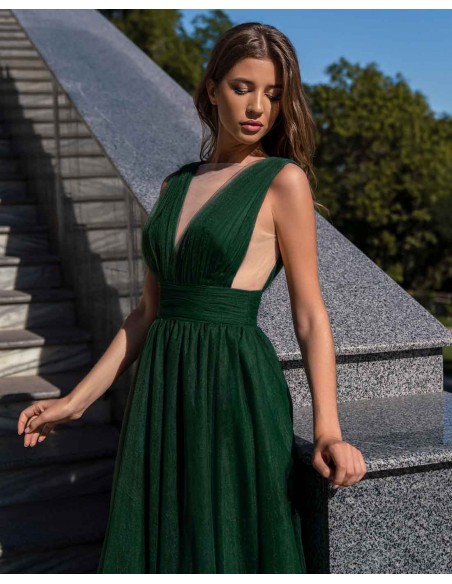 Vestido de fiesta estilo griego de tul y abertura en la falda de Auguro Sempre