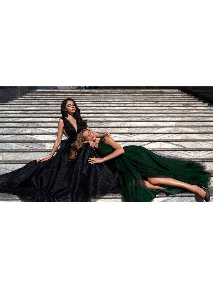 Greek style party dress with tulle and opening in the skirt