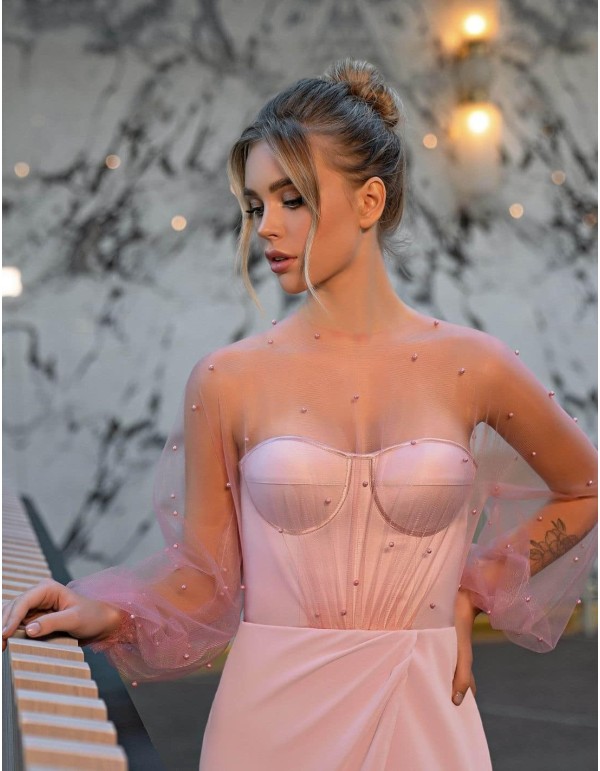 Vestido largo de fiesta escote ilusión con perlas y abertura en la falda EMABRIDE - 5 2