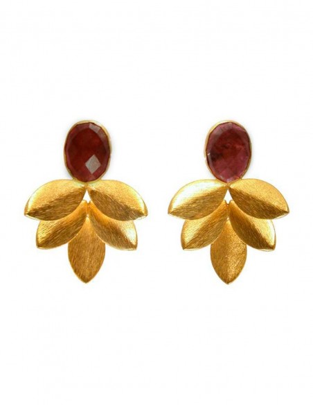 Gold leaf and natural roval stone party earrings in red colou