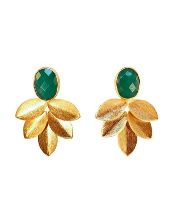 Pendientes de fiesta con hojas doradas y piedra natural ovalada en color verde