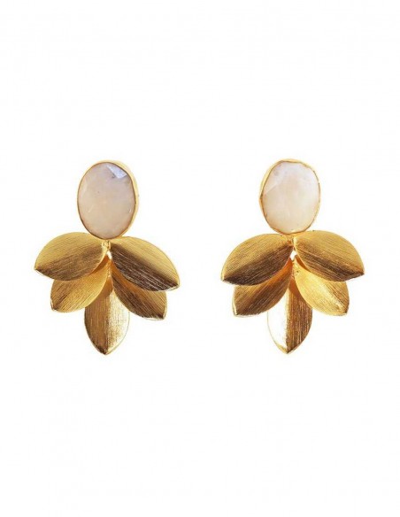 Pendientes de fiesta con hojas doradas y piedra lunar natural ovalada  Acus complementos - 7