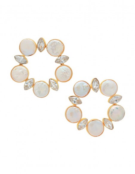 Pendientes circulares con perla y óvalos de cristal