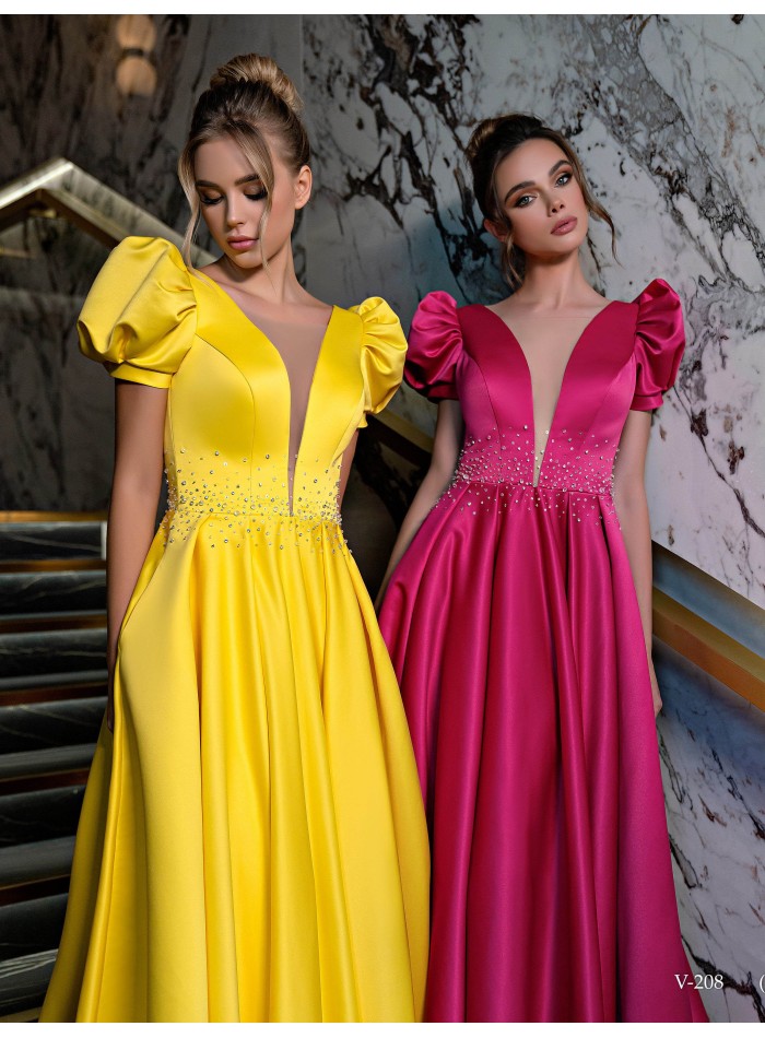 Long party dress with lantern sleeves and plunging neckline