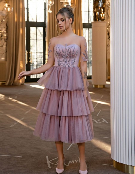 Midi dress with layers of tulle and embroidered bodice