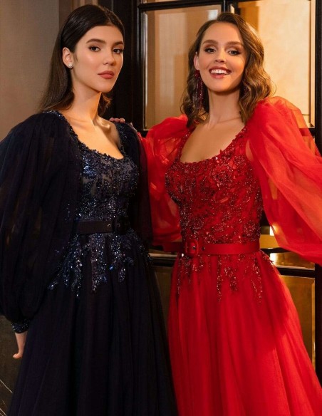 Vestido largo de fiesta con manga abullonada y cuerpo de pedrería Silviamo - 2