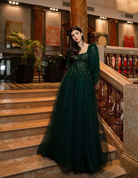 Vestido largo de fiesta con manga abullonada y cuerpo de pedrería Silviamo - 4 