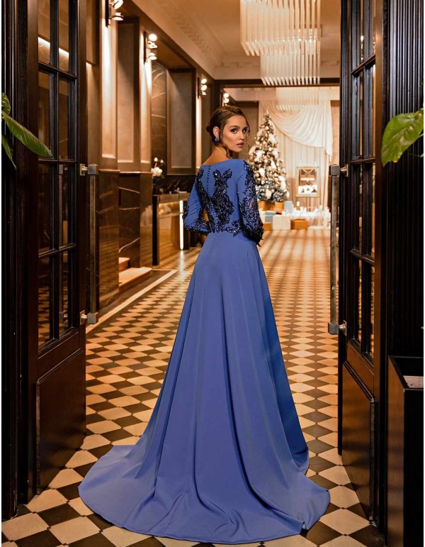 Long party dress with long sleeves and rhinestones in blue colour