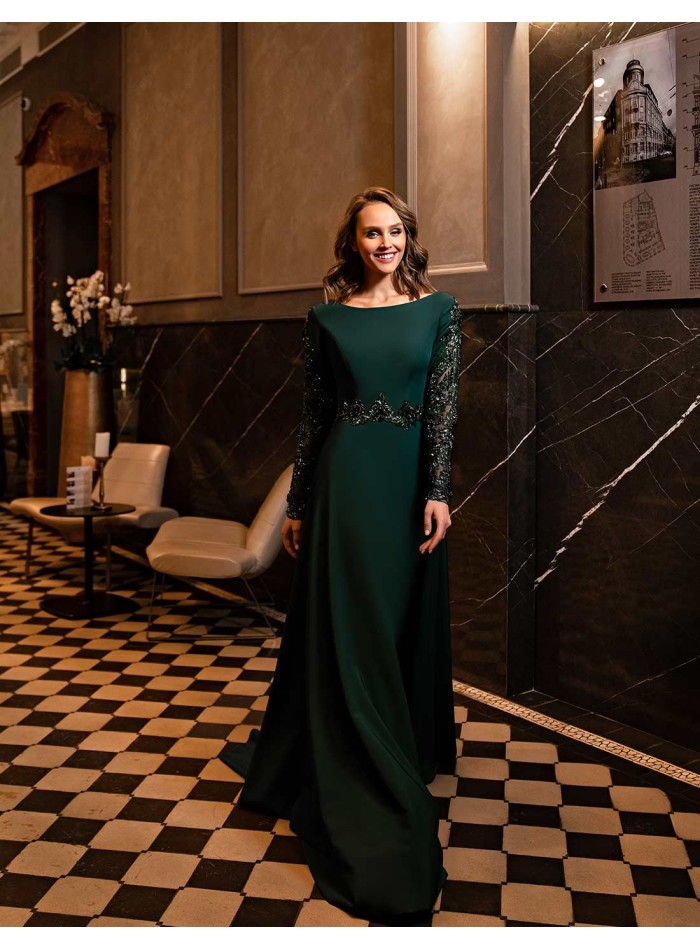 Long party dress with long sleeves and rhinestones in blue colour