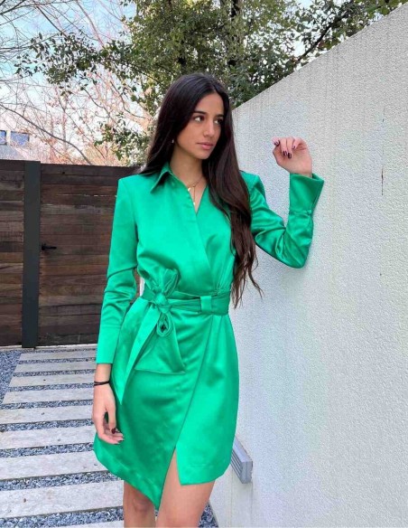 Vestido coctel cruzado verde esmeralda con lazada y cuello alto- Roxana Zurdo Elsa Barreto - 4