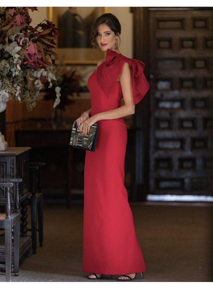 Asymmetric long red party dress with organza lacing on the shoulder- INVITADA PERFECTA MIPHAI - 6 