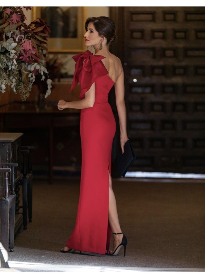 Vestido de fiesta largo asimétrico rojo con lazada de organza al hombro- INVITADA PERFECTA MIPHAI - 8 