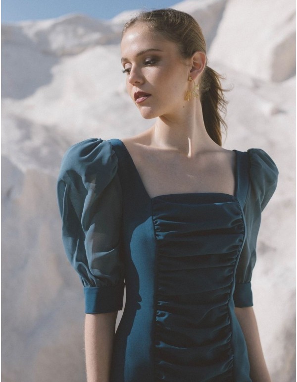 Vestido midi drapeado con manga farol y escote cuadrado Meryfor - 4 