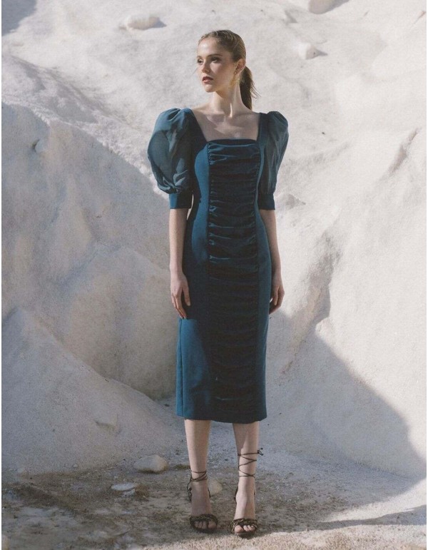 Vestido midi drapeado con manga farol y escote cuadrado Meryfor - 4  2