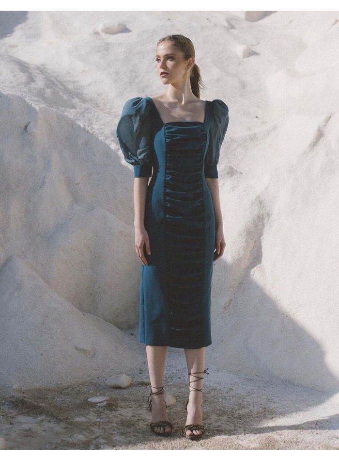 Vestido midi drapeado con manga farol y escote cuadrado Meryfor - 5 