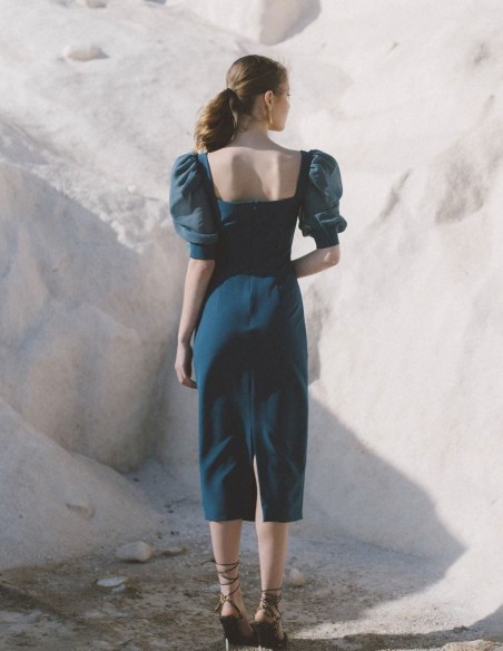 Vestido midi drapeado con manga farol y escote cuadrado Meryfor - 6 