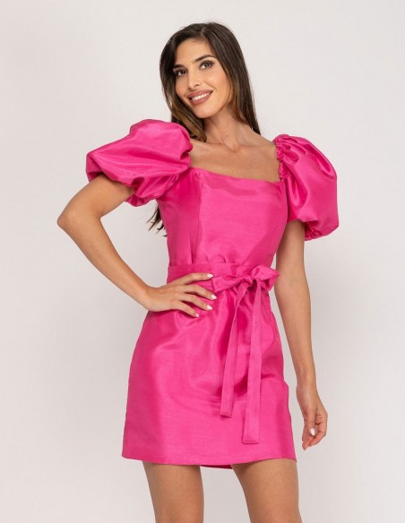 Vestido corto de fiesta con manga corta abullonada y detalle lazo