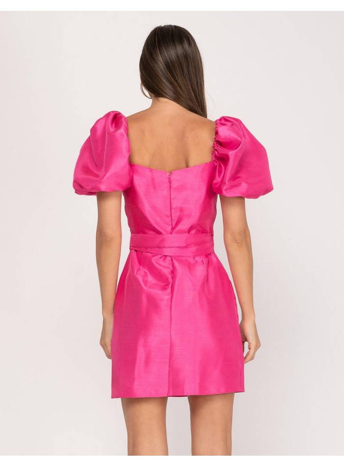 Short party dress with short puffed sleeves and bow detail for events