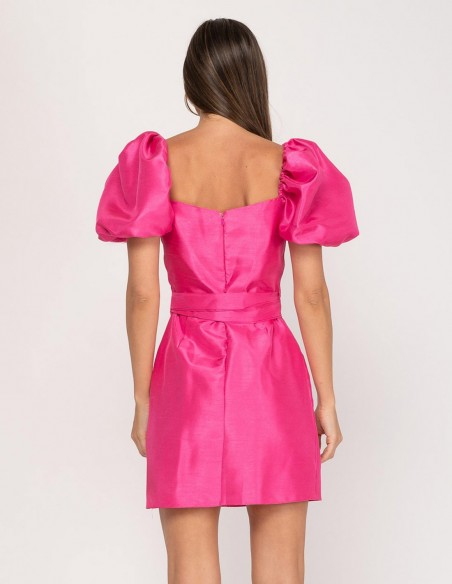 Short party dress with short puffed sleeves and bow detail for events