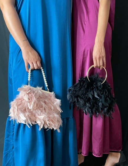 Bolso de fiesta con plumas y asa de perlas blancas - varios colores