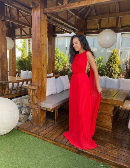 Long pleated party dress with cape sleeves