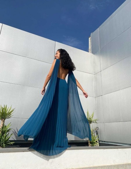 Long pleated party dress with cape sleeves