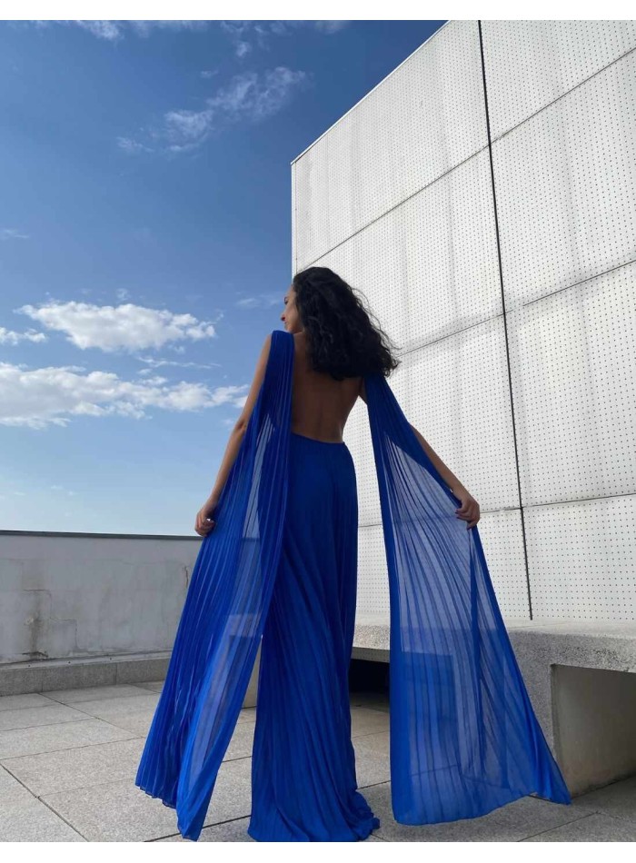 Long pleated party dress with cape sleeves