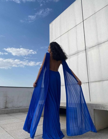 Long pleated party dress with cape sleeves