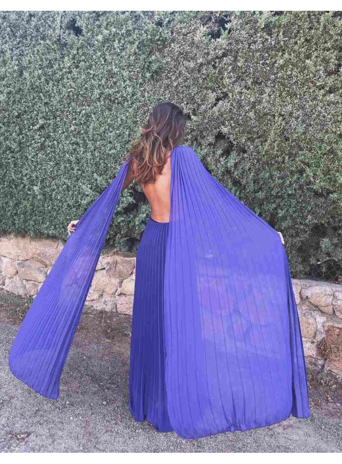 Long pleated party dress with cape sleeves