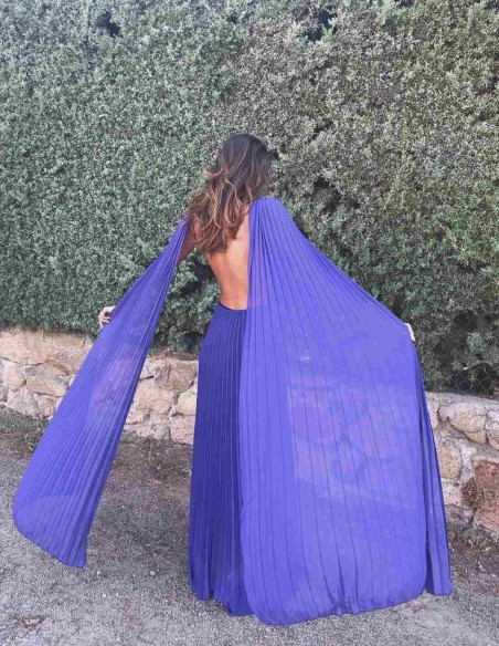Long pleated party dress with cape sleeves