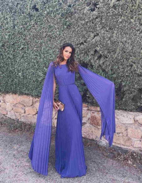 Long pleated party dress with cape sleeves