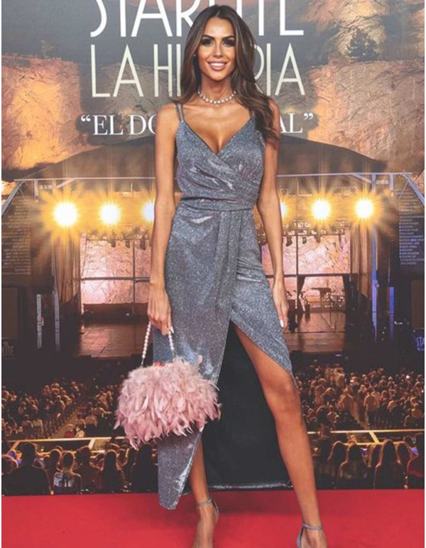 Midi party dress with shiny fabric and front slit - Noelia Bonilla