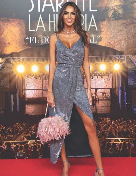 Vestido midi de fiesta con tejido brillante y abertura delantera - Noelia Bonilla