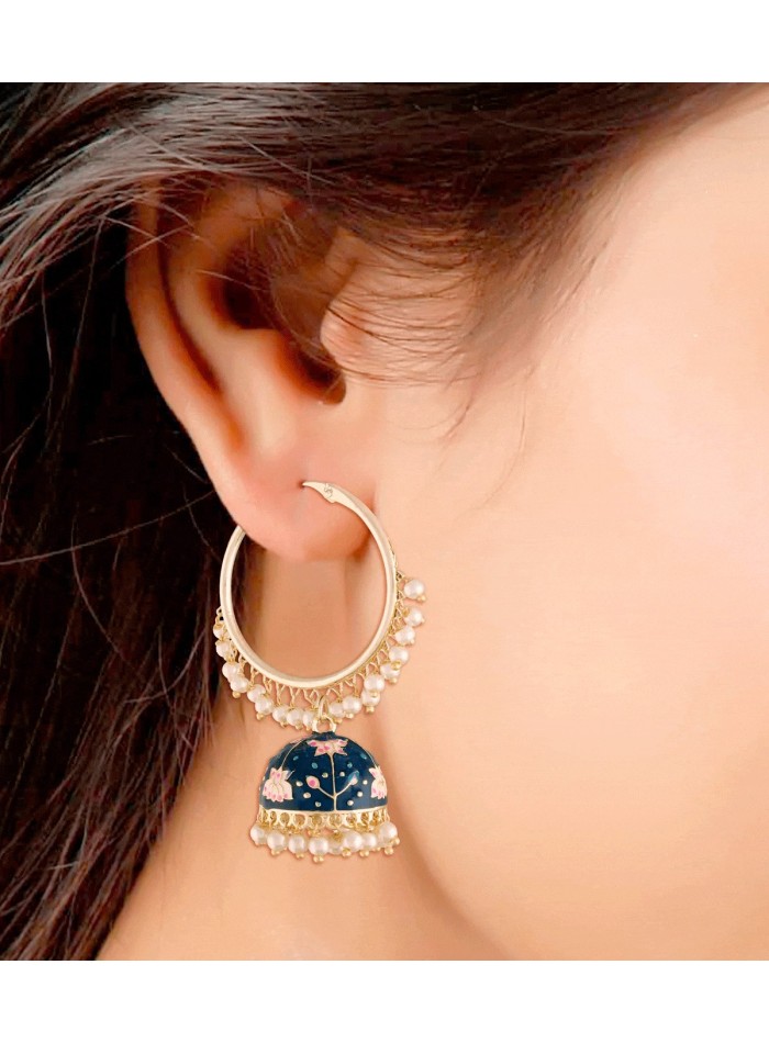 Aros de fiesta con perlas y Chandbali  azul - 1